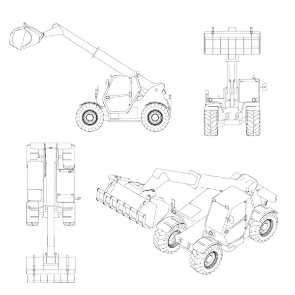 Ensemble avec contours d'une chargeuse rétrocaveuse à partir de lignes noires isolées sur un fond blanc. Haut, côté, avant, vue isométrique. Illustration vectorielle — Image vectorielle