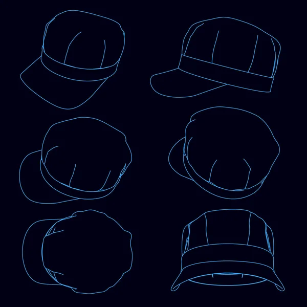 Conjunto con contornos de una gorra con una visera de líneas azules sobre un fondo oscuro. Ilustración vectorial — Vector de stock