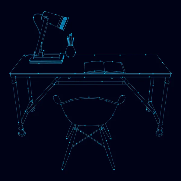 Contorno de um local de trabalho com uma mesa e uma cadeira feita de linhas azuis em um fundo escuro. Ilustração vetorial — Vetor de Stock