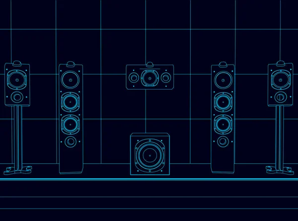 Wireframe de alto-falantes em uma sala feita de linhas azuis em um fundo escuro. Ilustração vetorial — Vetor de Stock