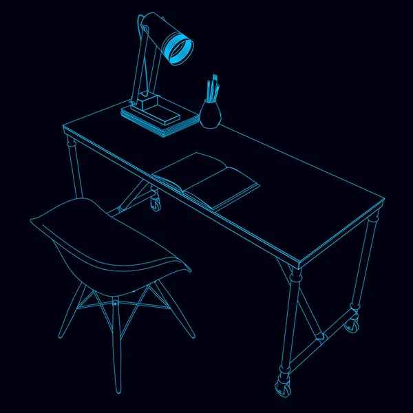 El contorno de un lugar de trabajo con una mesa, silla, lámpara de escritorio y un cuaderno hecho de líneas azules sobre un fondo oscuro. Vista isométrica. Ilustración vectorial — Vector de stock