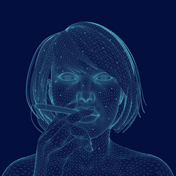 Wireframe di una ragazza che fuma una sigaretta fatta di linee blu con luci luminose su uno sfondo scuro. 3D. Illustrazione vettoriale — Vettoriale Stock