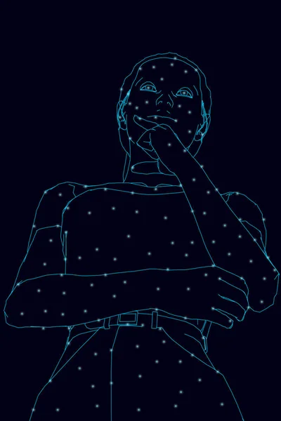 Wireframe ενός σκεπτικού κοριτσιού από μπλε γραμμές με λαμπερά φώτα σε σκούρο φόντο. Κάτω όψη. 3D. Εικονογράφηση διανύσματος — Διανυσματικό Αρχείο