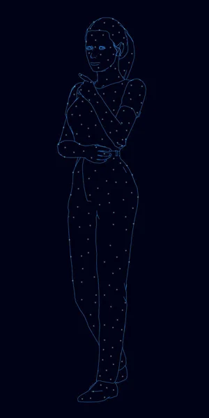 Wireframe de una chica pensativa de líneas azules con luces brillantes sobre un fondo oscuro. 3D. Ilustración vectorial — Vector de stock