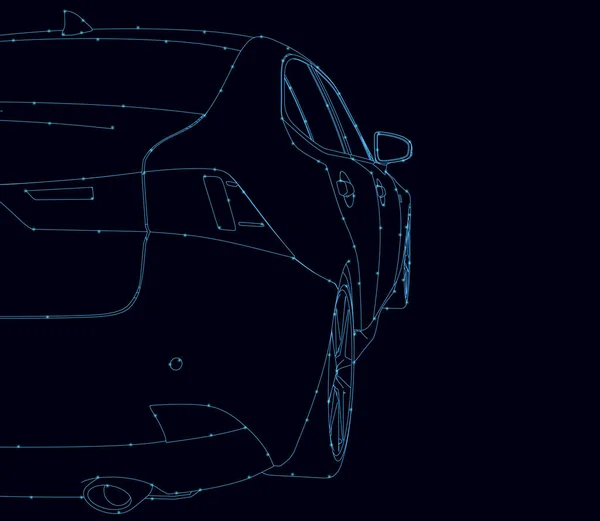 Die Kontur eines modernen Autos aus blauen Linien auf dunklem Hintergrund mit leuchtenden Lichtern. Rückansicht. Vektorillustration — Stockvektor