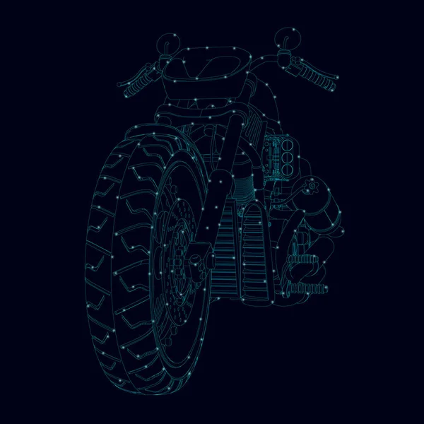 Il contorno di una moto sportiva fatta di linee blu con luci luminose su uno sfondo scuro. Vista frontale. Illustrazione vettoriale — Vettoriale Stock