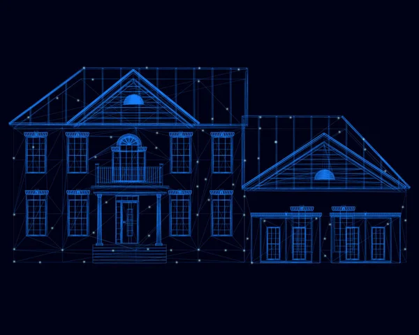 Drahtgestell eines zweistöckigen Hauses aus blauen Linien mit leuchtenden Lichtern auf dunklem Hintergrund. Frontansicht Vektorillustration — Stockvektor