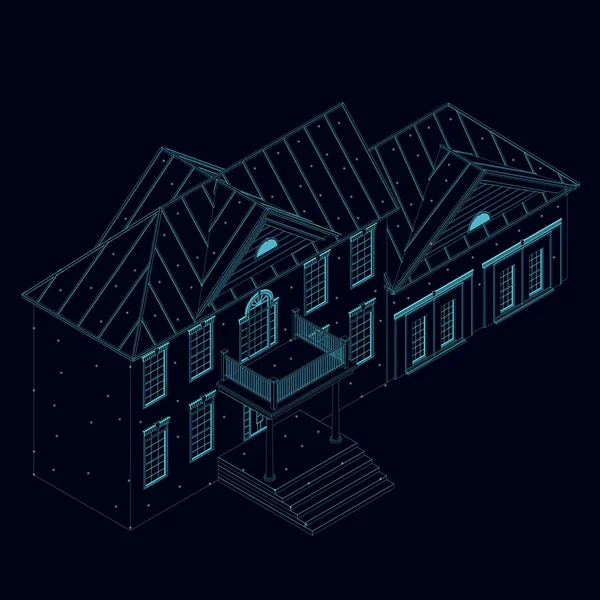 Drahtgestell eines zweistöckigen Hauses aus blauen Linien mit leuchtenden Lichtern auf dunklem Hintergrund. Isometrische Ansicht Vektor-Illustration — Stockvektor