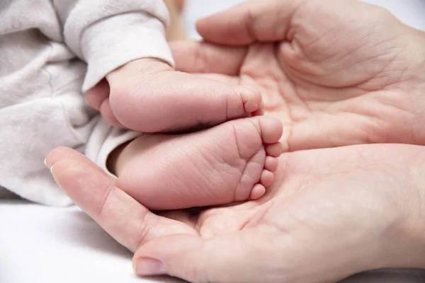 Newborn babys feet in moms palms. Frank appeal. Symbol of protection and love. — Stock Photo, Image