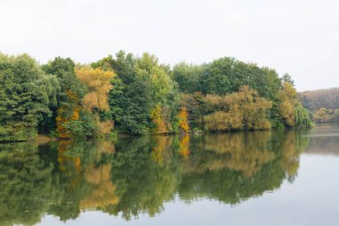 Güzel bir sonbahar parkı manzarası. Nehirden sonbahar ormanı manzarası.