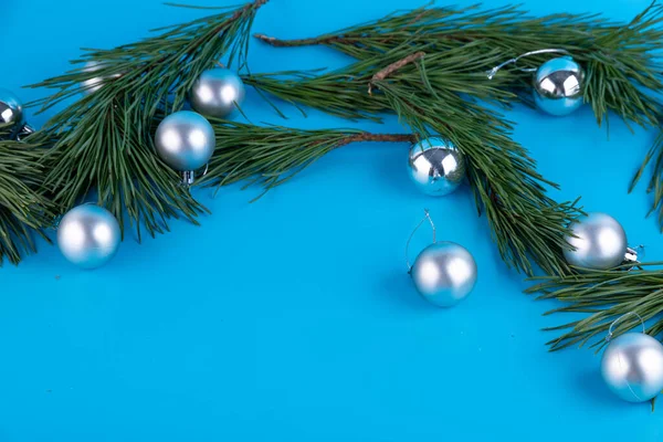 Sfondo Natale Con Palline Argento Abete — Foto Stock