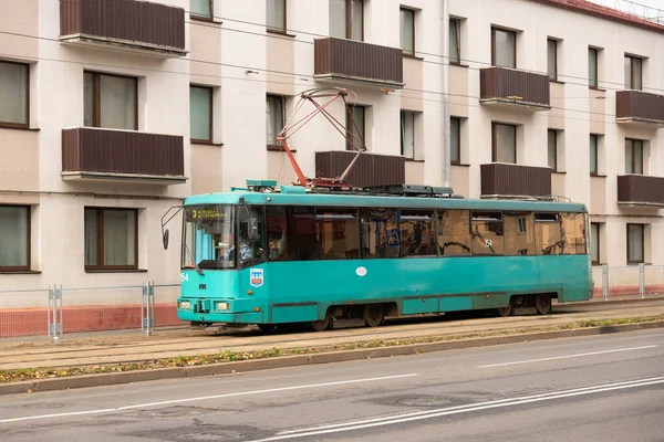 Minsk Belarus October 2020 City Life Green Tram Runs City — Foto de Stock
