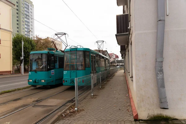 Minsk Belarus October 2020 City Life Green Tram Runs City — Foto de Stock