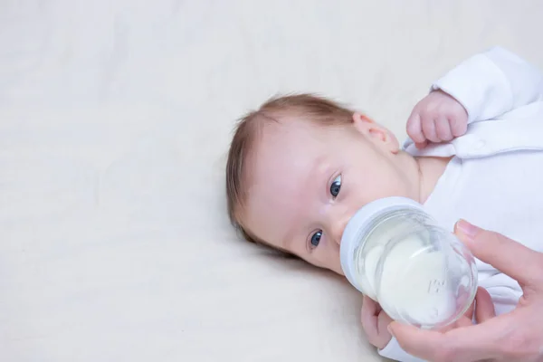 Little Newborn Boy Drinks Milk Bottle Pacifier Concept Healthy Eating — Stock Photo, Image