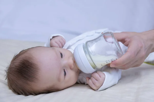 Little Newborn Boy Drinks Milk Bottle Pacifier Concept Healthy Eating — Stock Photo, Image