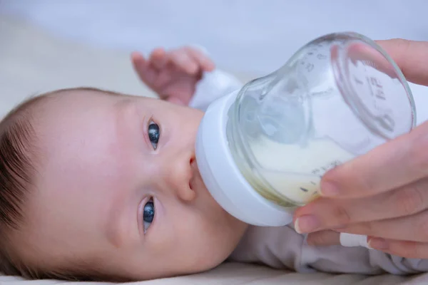 Newborn Happy Toddler Drinks Milk Bottle Mother Hands Concept — Stock Photo, Image