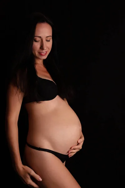 Vacker Gravid Kvinna Svarta Underkläder Väntar Barn Begreppet Graviditet — Stockfoto