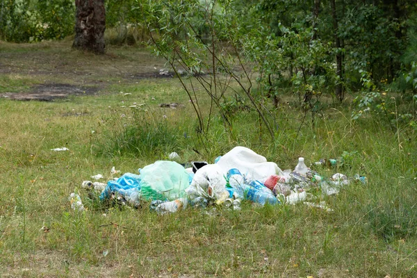 Monte Lixo Deixado Depois Piquenique Descanse Conceito Ecologia Poluição Ambiental — Fotografia de Stock