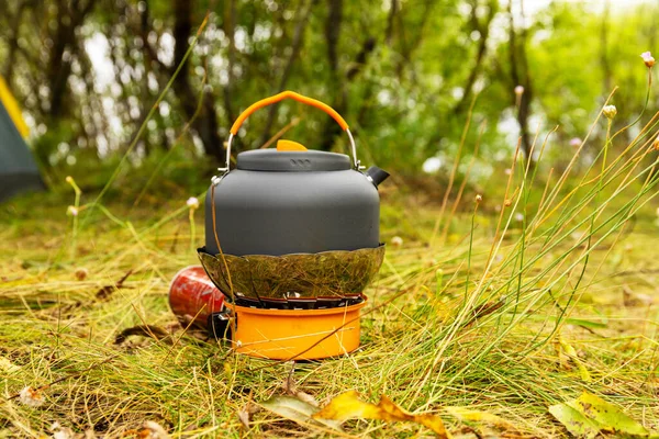 Bouilloire Touristique Sur Brûleur Gaz Cuisson Sur Terrain Utilisation Brûleur — Photo