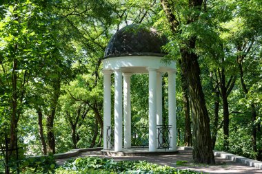 Yaz manzarası, eski parkta güneşli bir sabah. Sütunlu beyaz bir çardak. Manor Parkı.