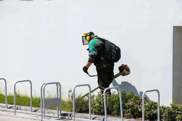 Bir adam şehirde çim biçiyor..