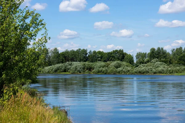 Río Verano Con Cielo Azul Brillante Nubes — Foto de Stock