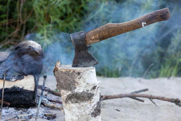 The ax sticks out in the tree against the fire.