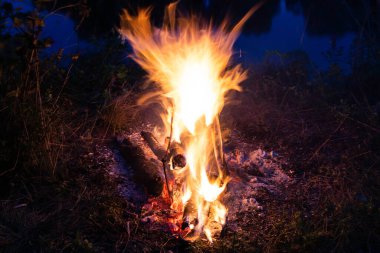 Şenlik ateşi, ateş, duman doğanın arka planında.