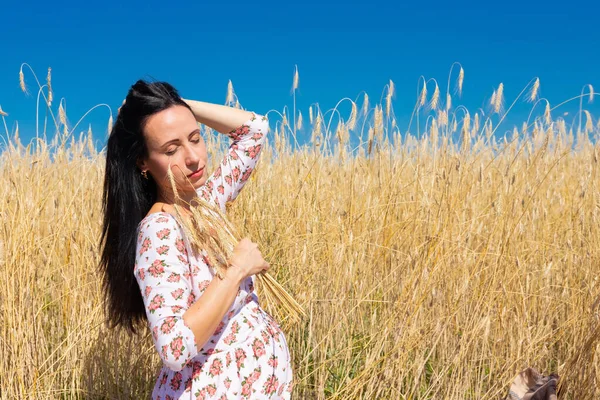 Una Mujer Embarazada Campo Con Trigo Maduración Concepto Maternidad Fertilidad — Foto de Stock