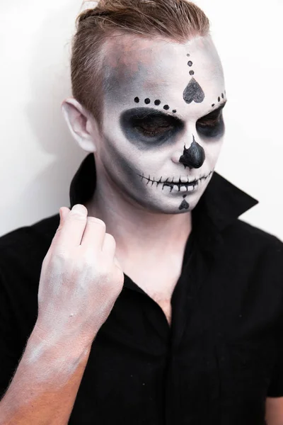 Portrait Man Black Shirt Light Background Halloween Skull Make Show — Stock Photo, Image