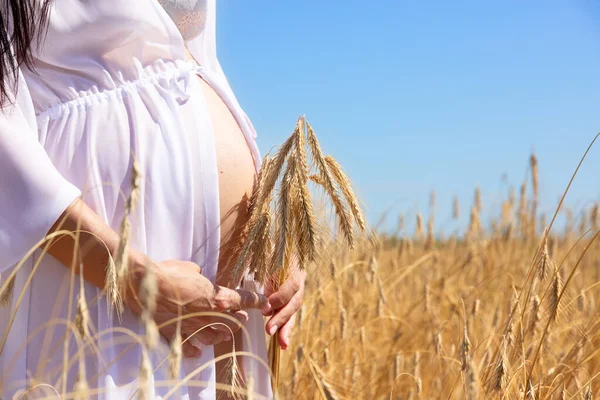 Una Mujer Embarazada Con Vestido Blanco Con Manojo Trigo Las — Foto de Stock