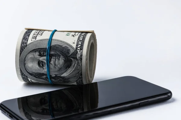 American Dollars Smartphone Isolated White Mobile Payments Concept — Stock Photo, Image