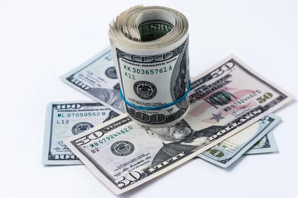 Roll American Dollars White Background Financial Concept — Stock Photo, Image