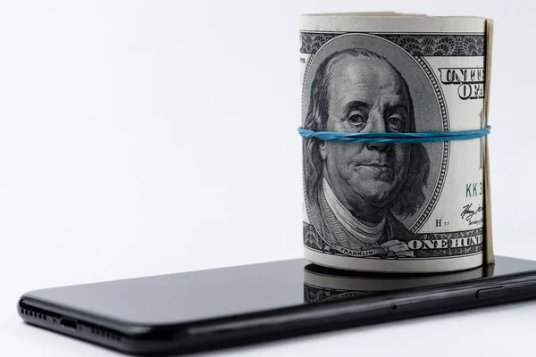 Roll American Dollars Smartphone Mobile Payment Concept — Stock Photo, Image