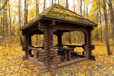 Kapalı oturma alanı. Çardaklar, parklardaki ve bahçelerdeki çardaklar, rahatlayın ve gevşeyin. Parktaki ahşap çardak.