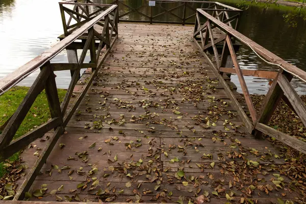 Puente Madera Con Una Plataforma Observación Sobre Lago Vista Otoño — Foto de Stock