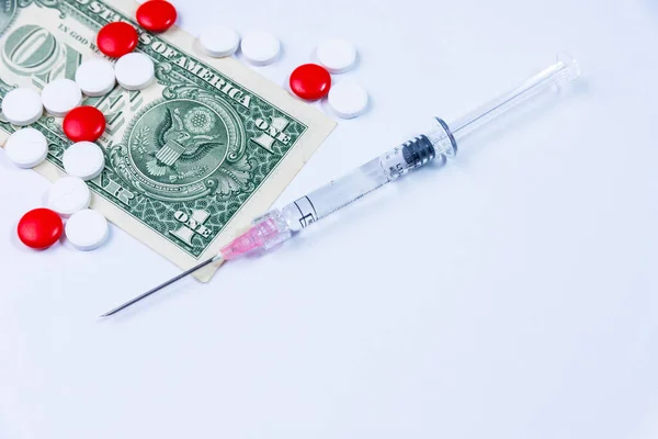 Syringe Pills Dollars Blue — Stock Photo, Image