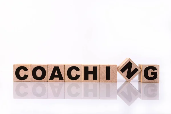 Coaching Word Text Written Wooden Cubes Building Blocks White Background — Stock Photo, Image