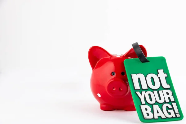 Red piggy bank and tag with the words NOT YOUR BAG. Personal Savings Concept.