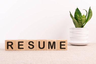 Hafif bir arkaplanda tahta bloğa yazılmış özgeçmiş