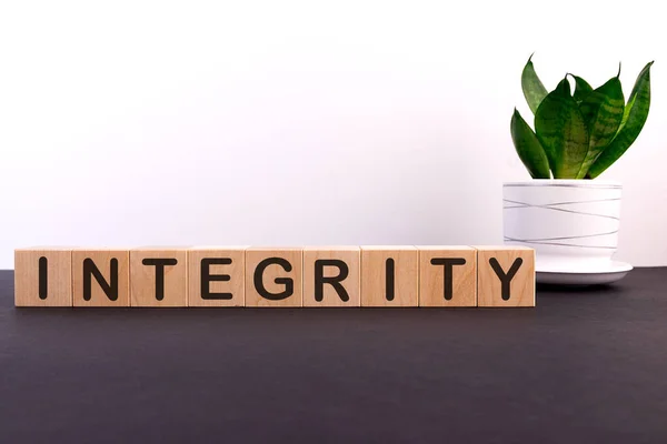 Integrity Word Concept Written Wooden Blocks Cubes Dark Table Flower — Stock Photo, Image