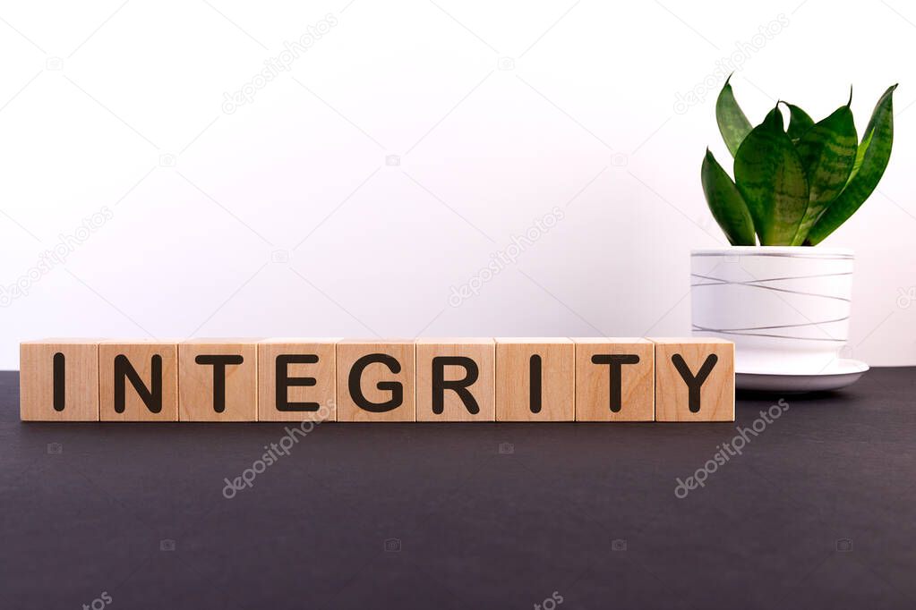 integrity word concept written on wooden blocks, cubes on a dark table with a flower and a light background