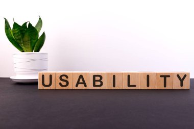 Açık arkaplanda yapı taşları ve yeşil çiçekli karanlık bir masa olan USABILITY sözcüğü