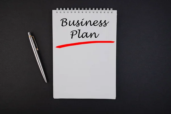 Business Plan Notepad Writing Concept Dark Background Pen — Stock Photo, Image