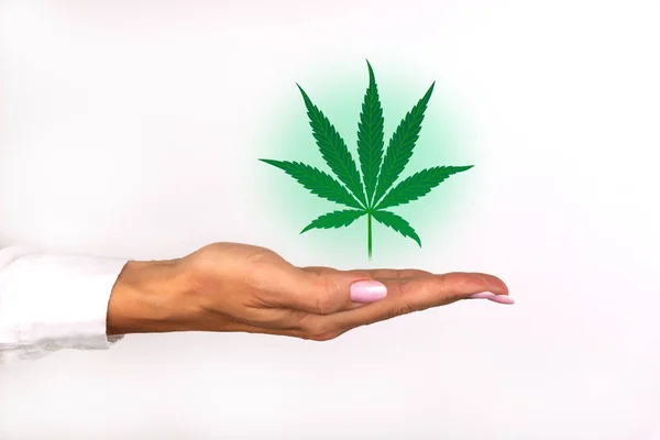 Mão Feminina Com Marijuana Símbolo Conceito Médico — Fotografia de Stock
