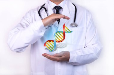 Steteskoplu bir doktor koruma sembolü olarak ellerini tutuyor. Doktor rekombinant DNA teknolojisi olarak bilinen genetik mühendislik tekniklerini kullanıyor.