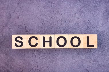 Ahşap yapı taşlarından yapılmış okul kelimesi.