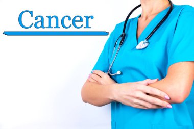 Doktor ve hafif geçmişi olan kanser kelimesi tıbbi konsepti.