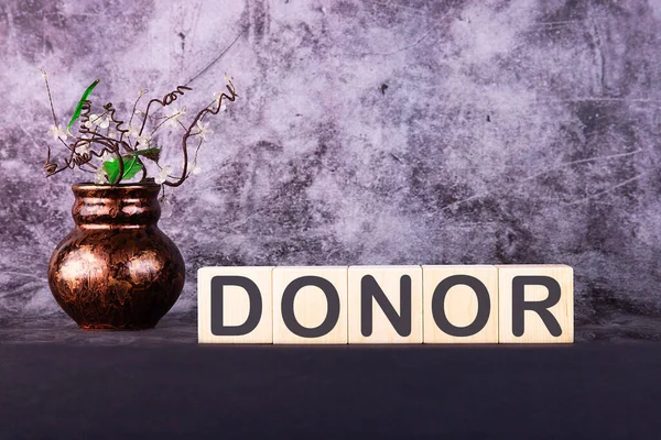 Parola Donor Realizzato Con Mattoni Legno Fondo Grigio — Foto Stock