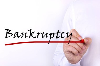 Metin, iflasın sözcüğü, işadamının hafif bir arkaplanda tuttuğu bir işaretle yazılmış. İş konsepti
